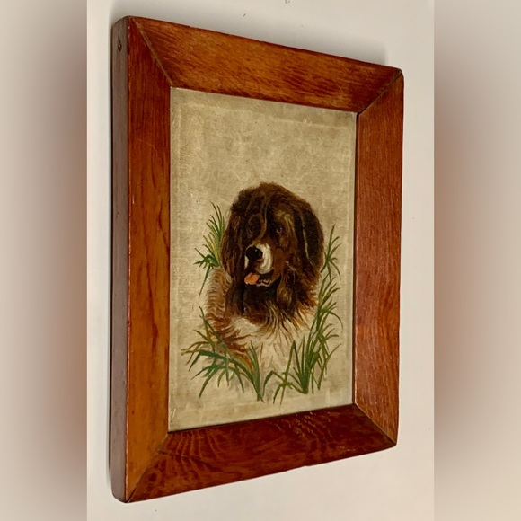 Antique Rustic Wooden Framed Oil on Canvas Portrait of Dog - Picture 2 of 11